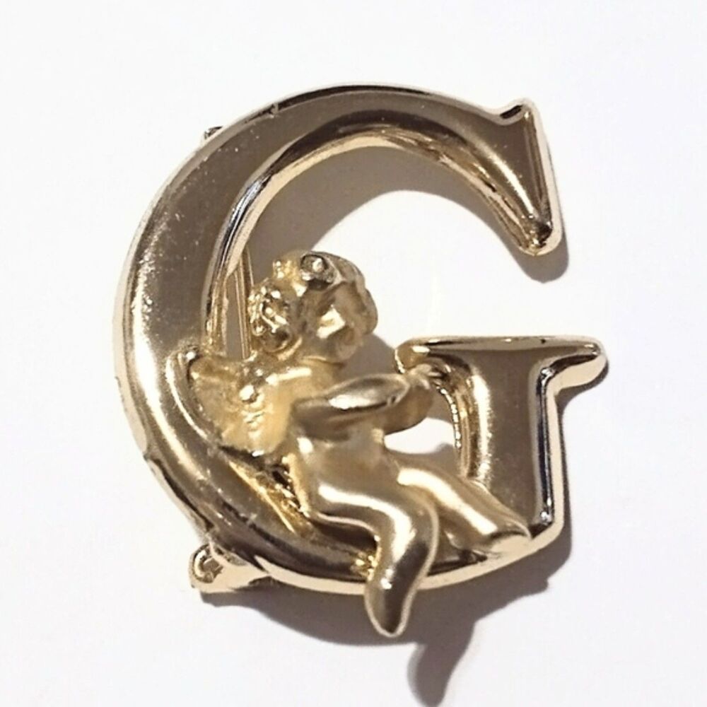 Vintage L. Razza Signed Gold Tone Initial G Brooch with Sitting Angel